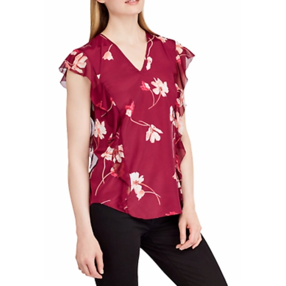 Ralph Lauren Floral Print Ruffled Crepe Top